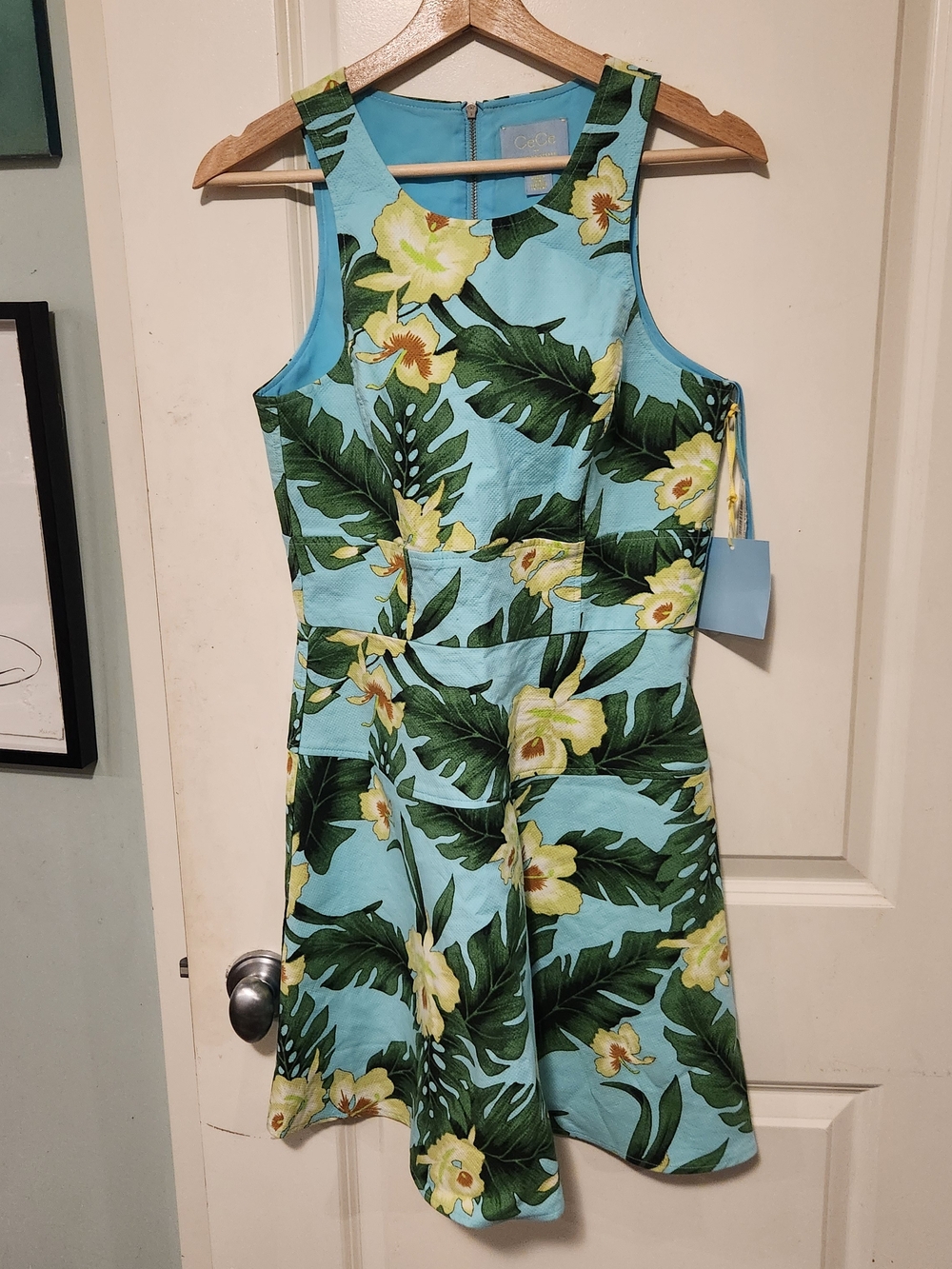 CeCe Aqua Tropical Floral Fit-and-Flare Dress